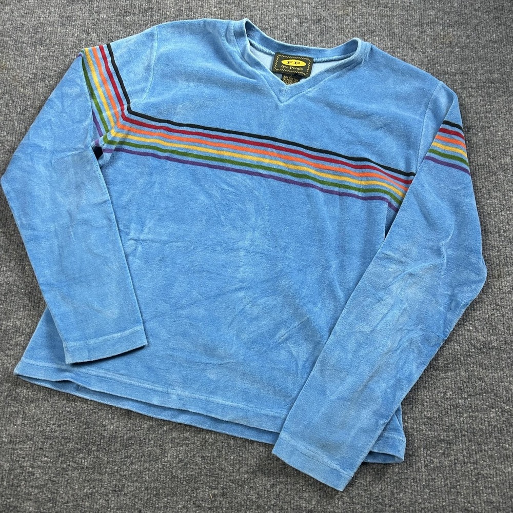 Free People Shirt Womens Medium Blue Rainbow Stripe V Neck Long Sleeve Top
